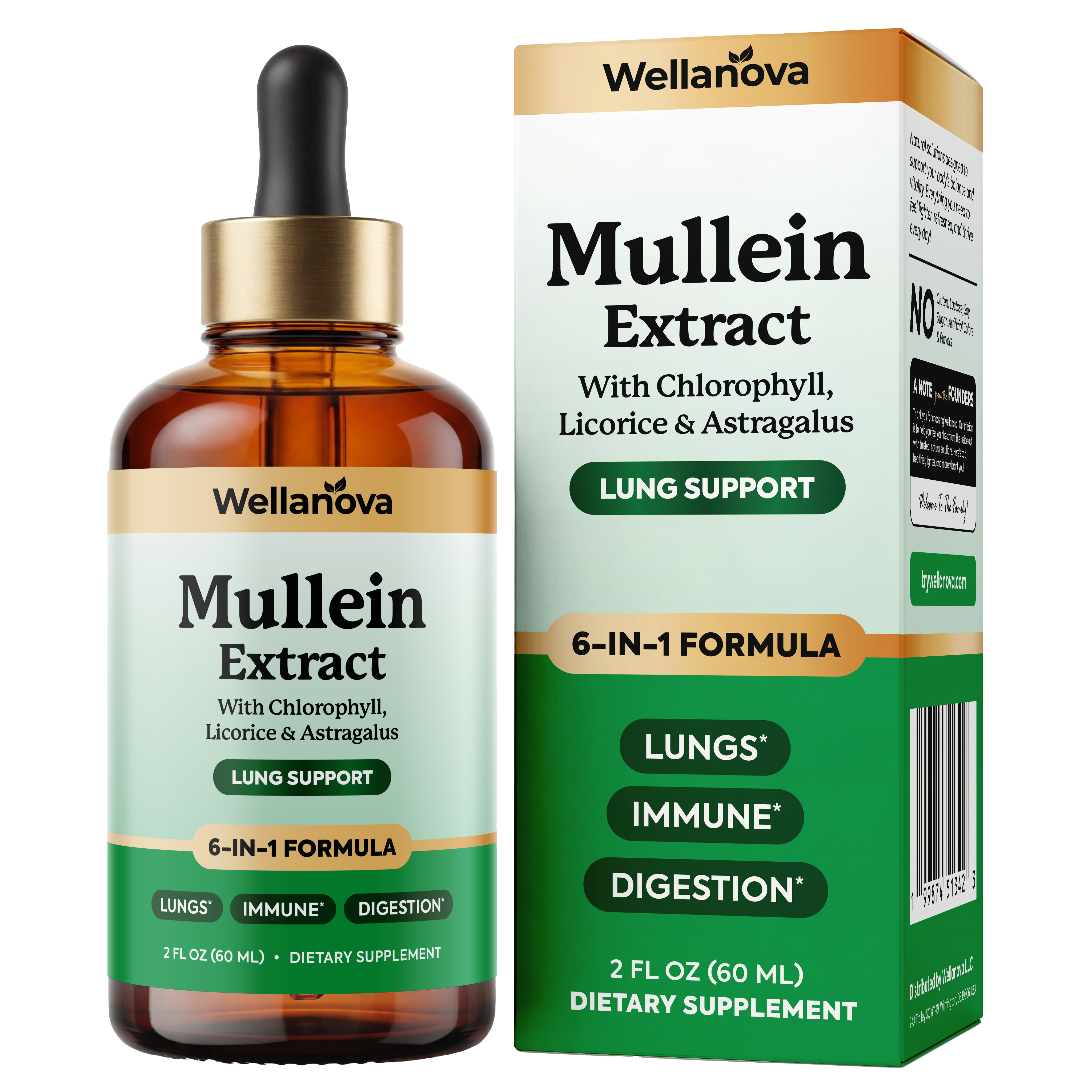 A bottle of Wellanova Mullein Extract dietary supplement next to its packaging box.