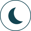 A dark teal icon of a crescent moon inside a circle.