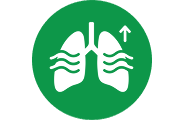 A green circular icon with a white graphic of lungs, showing airflow with an upward arrow.