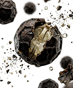 A close-up of a black peppercorn cracking open, with smaller pieces and liquid droplets flying away from it.