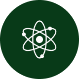 A white atomic symbol on a dark green circular background.