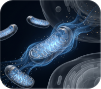 A stylized illustration of several glowing blue mitochondria organelles inside a cell.
