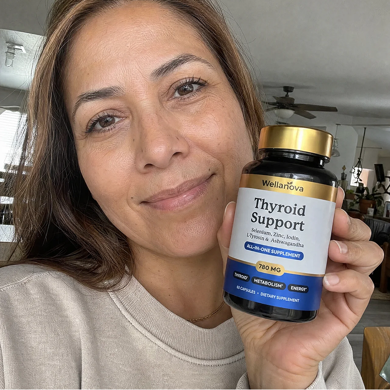 A smiling woman holds up a bottle of Wellanova Thyroid Support dietary supplement.