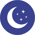 A blue circular icon with a white crescent moon and stars.