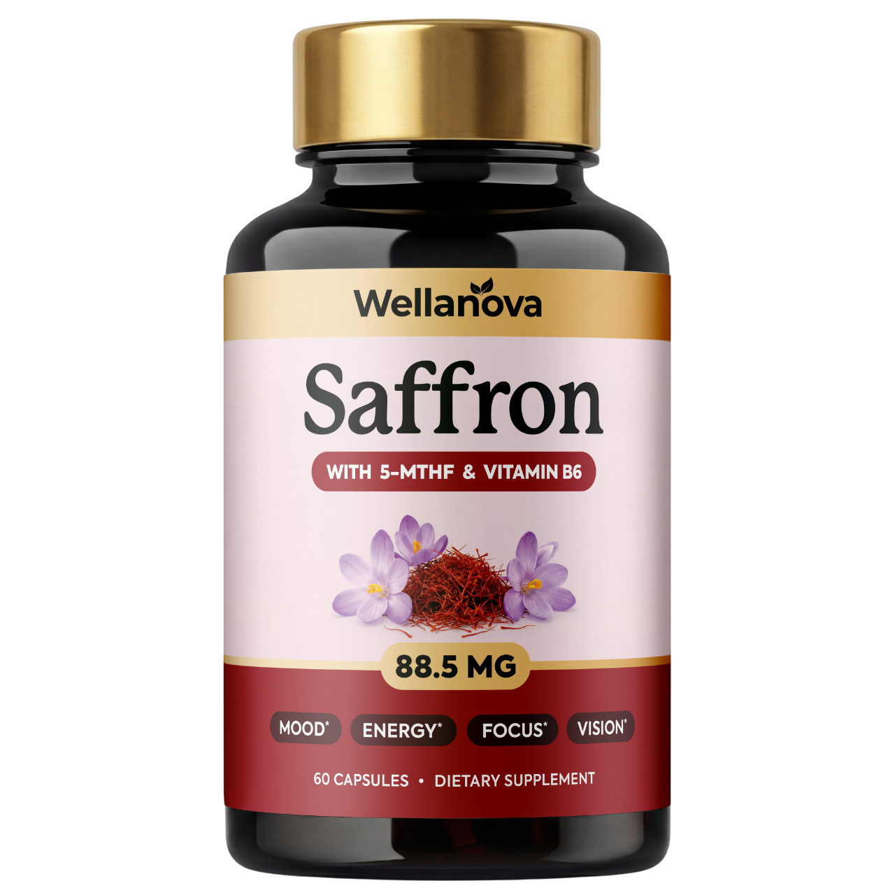 A bottle of Wellanova Saffron dietary supplement capsules with 5-MTHF and Vitamin B6 on a white background.