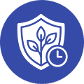 A blue circular icon with a white shield containing a plant, next to a clock symbol.