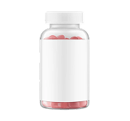 A clear bottle with a blank white label, filled with pink heart-shaped pills against a white background.
