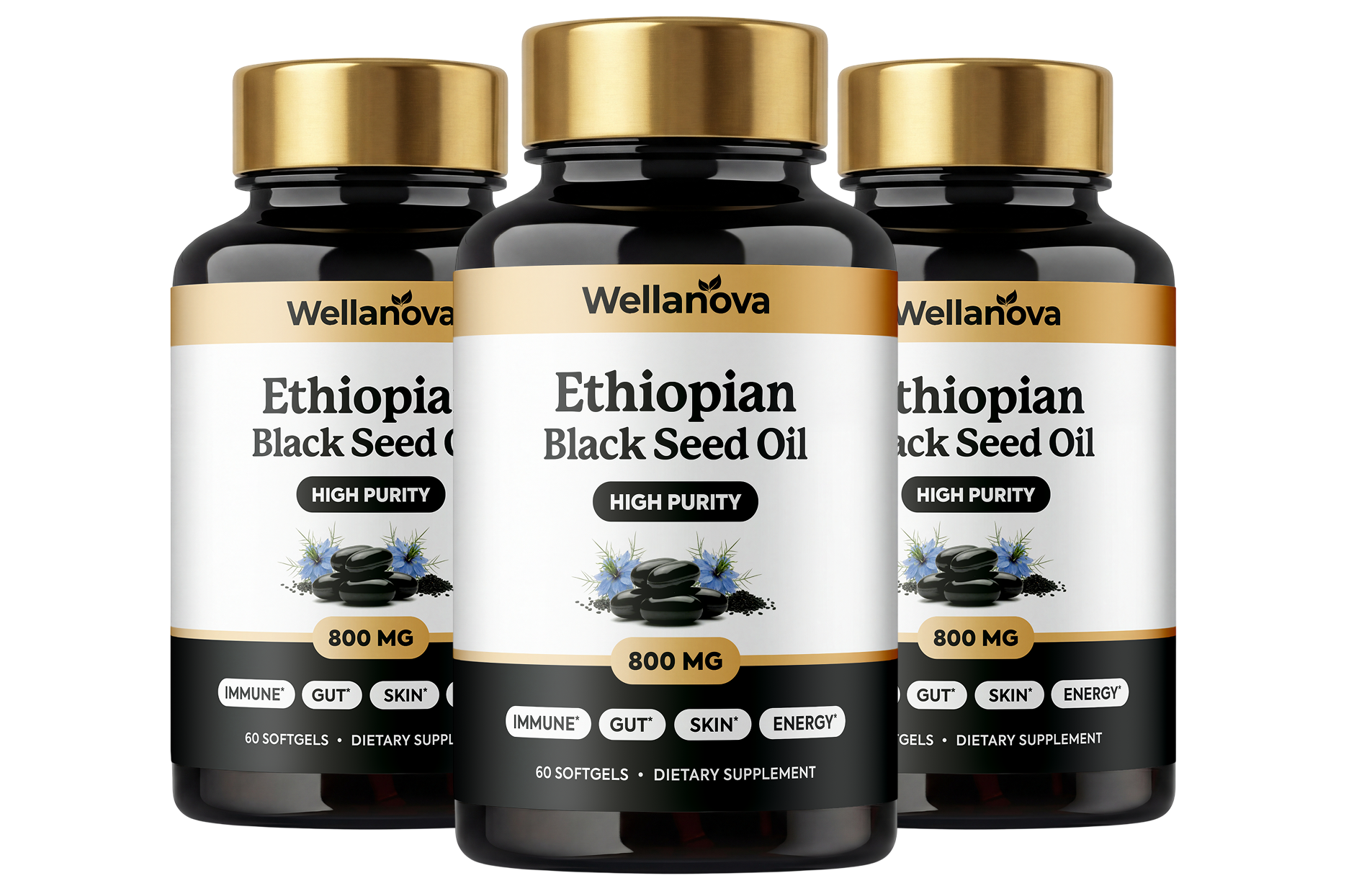 Three bottles of Wellanova Ethiopian Black Seed Oil softgels against a plain white background.