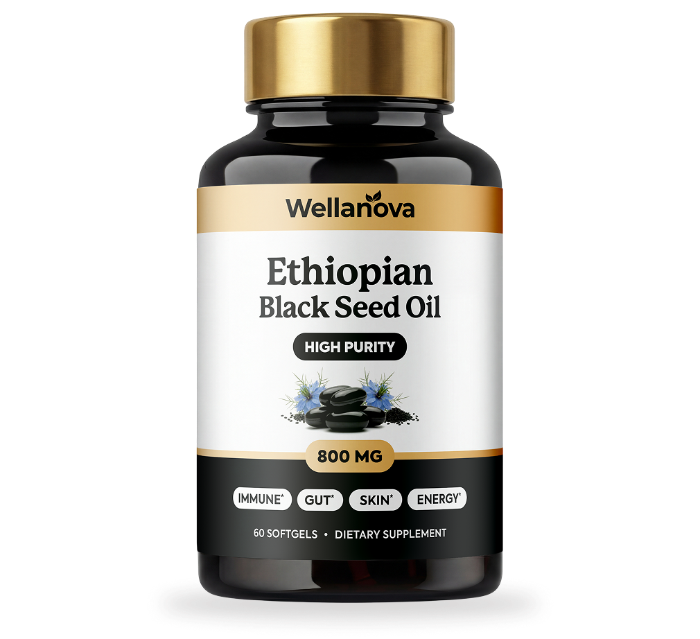 A bottle of Wellanova Ethiopian Black Seed Oil dietary supplement, 800 mg, 60 softgels.