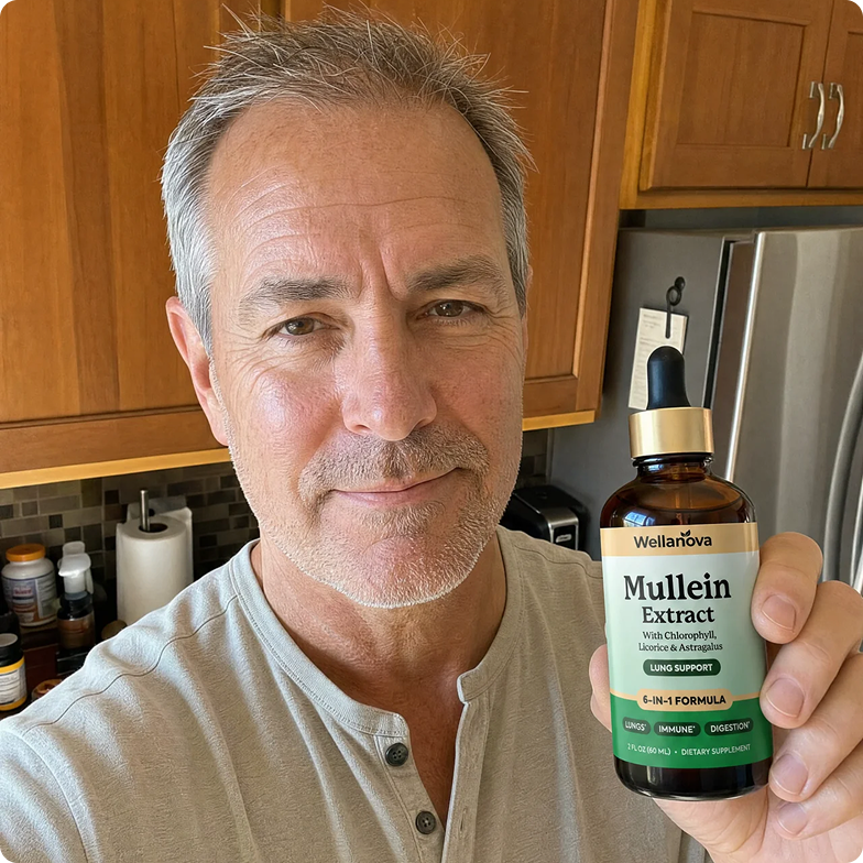 A man in a kitchen holds up a bottle of Wellanova Mullein Extract dietary supplement.
