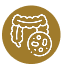 Gold icon with white outline of an intestine and microbes.