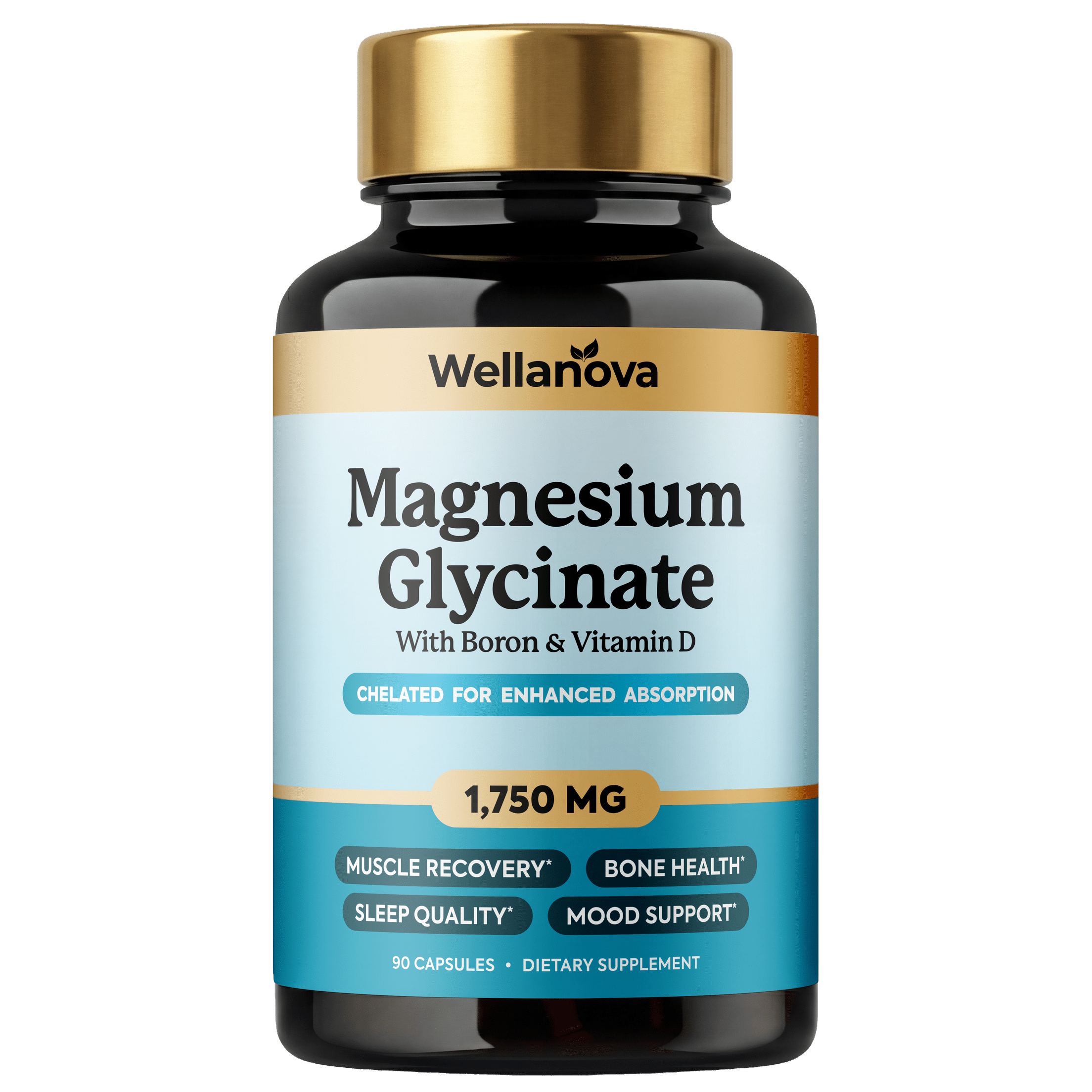 A bottle of Wellanova Magnesium Glycinate dietary supplement with Boron and Vitamin D against a white background.
