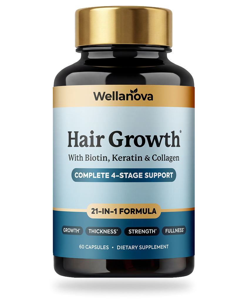 A bottle of Wellanova Hair Growth dietary supplement with biotin, keratin, and collagen.