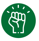 A white line-art icon of a raised fist inside a solid green circle.