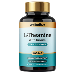 A bottle of Wellanova L-Theanine with Inositol, 400 mg, in a dark bottle with a gold cap.