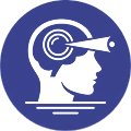 A white icon of a human head with a telescope for an eye, inside a blue circle.