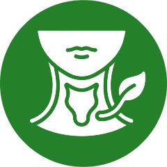 A white icon of a human neck, larynx, and a leaf inside a green circle.