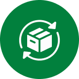 A white icon of a box with two arrows circling it, inside a green circle.
