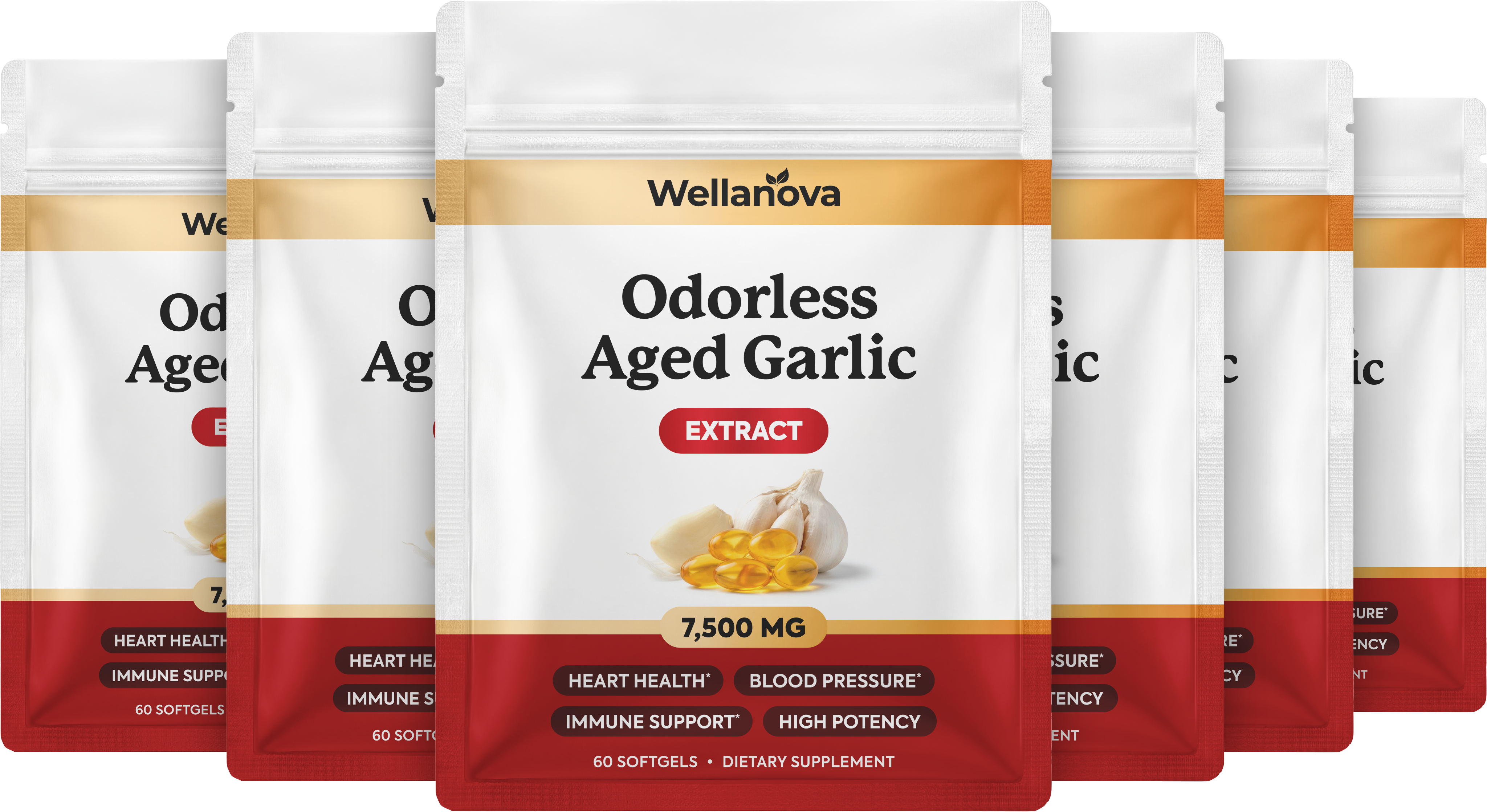 Six pouches of Wellanova Odorless Aged Garlic Extract supplements arranged in a row against a white background.