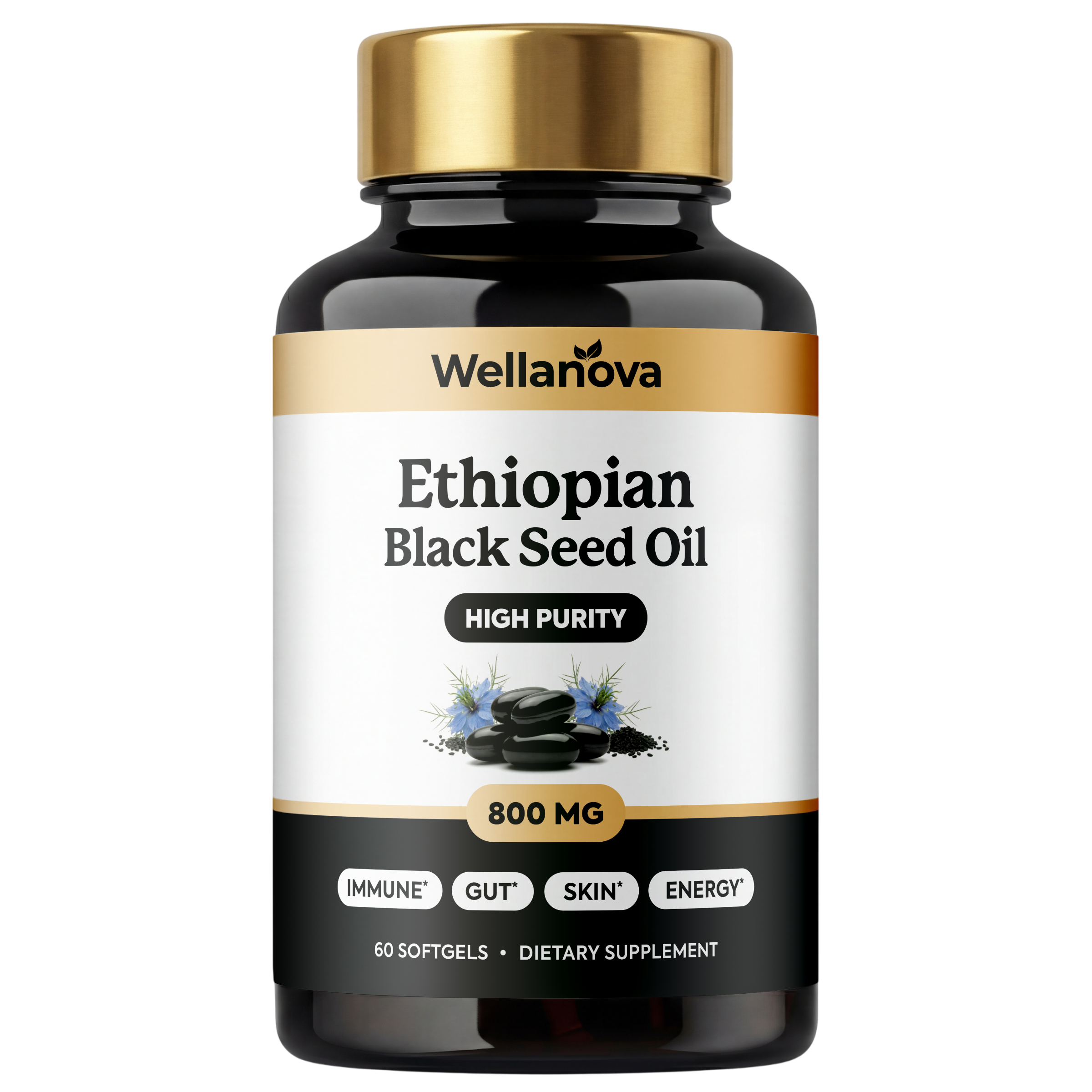 A bottle of Wellanova Ethiopian Black Seed Oil dietary supplement against a plain white background.