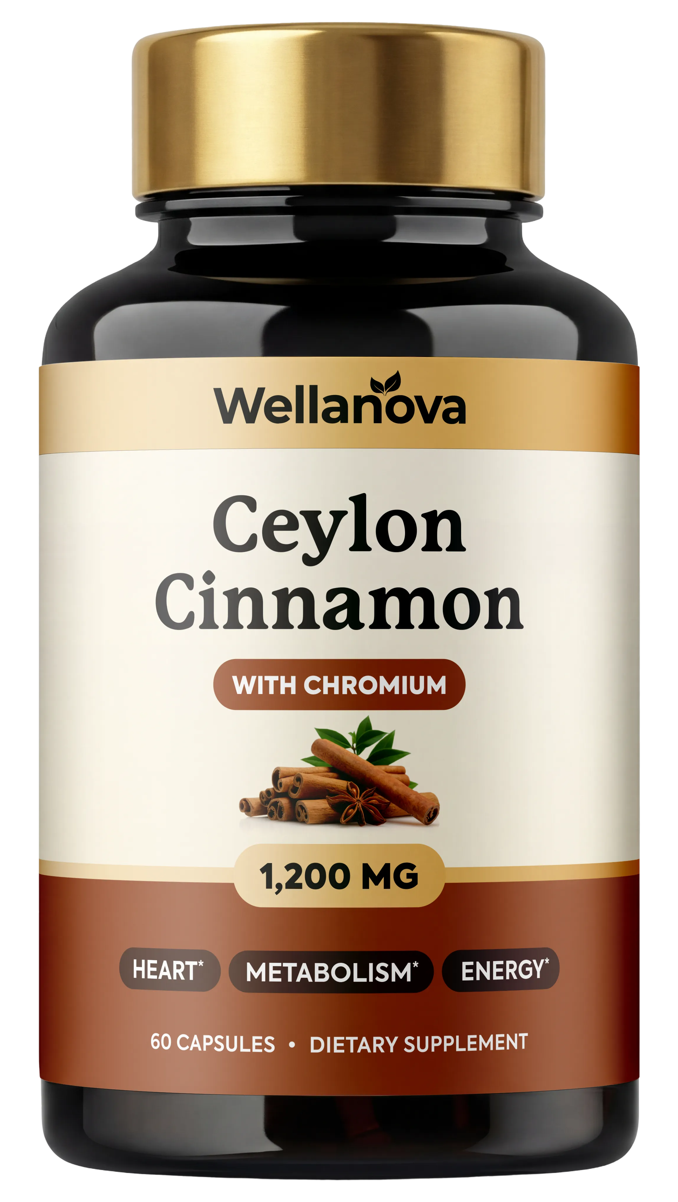 A bottle of Wellanova Ceylon Cinnamon with Chromium, a 1,200 mg dietary supplement.