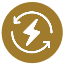 A gold circular icon with a white lightning bolt surrounded by two white arrows in a circular motion.