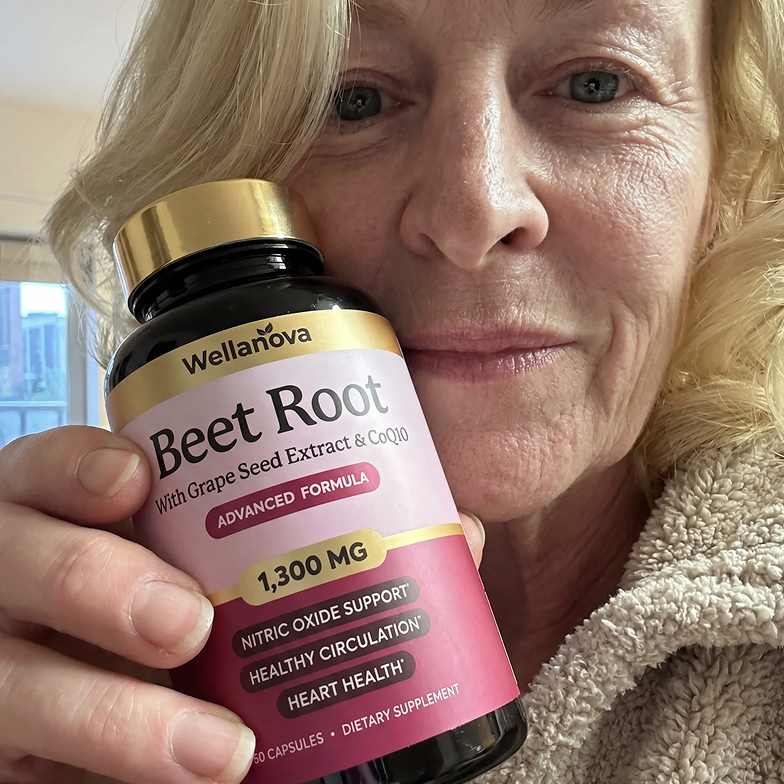 A woman holds up a bottle of Wellanova Beet Root dietary supplement.