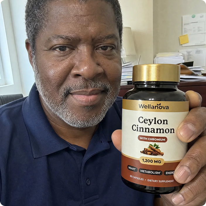 A smiling man holds up a bottle of Wellanova Ceylon Cinnamon dietary supplements in an office.