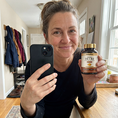 A woman takes a selfie while holding a bottle of Vitamin D3 + K2 supplements.