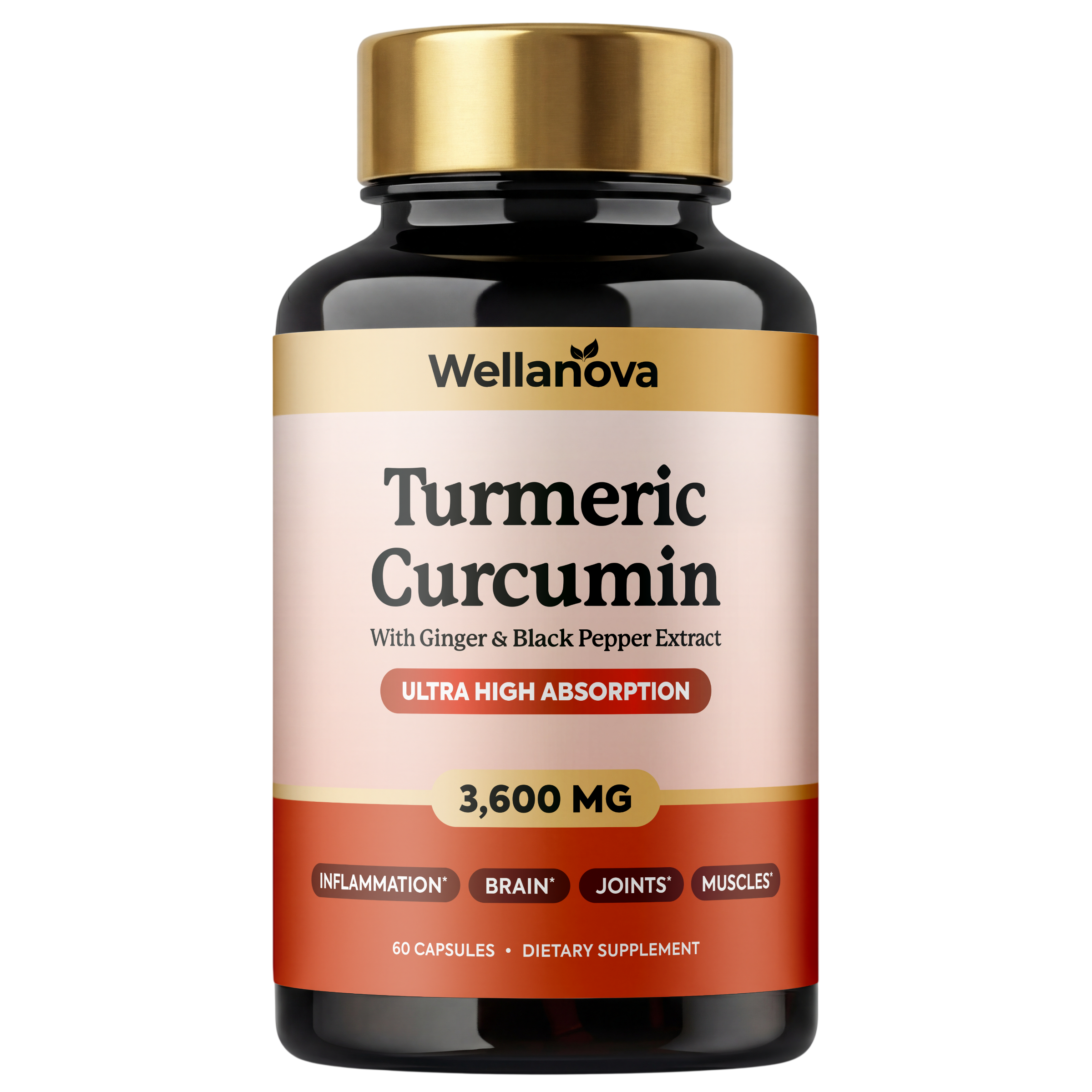 A bottle of Wellanova Turmeric Curcumin dietary supplement capsules against a plain white background.