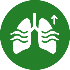 A white icon of a pair of lungs with wavy lines and an upward arrow inside a green circle.