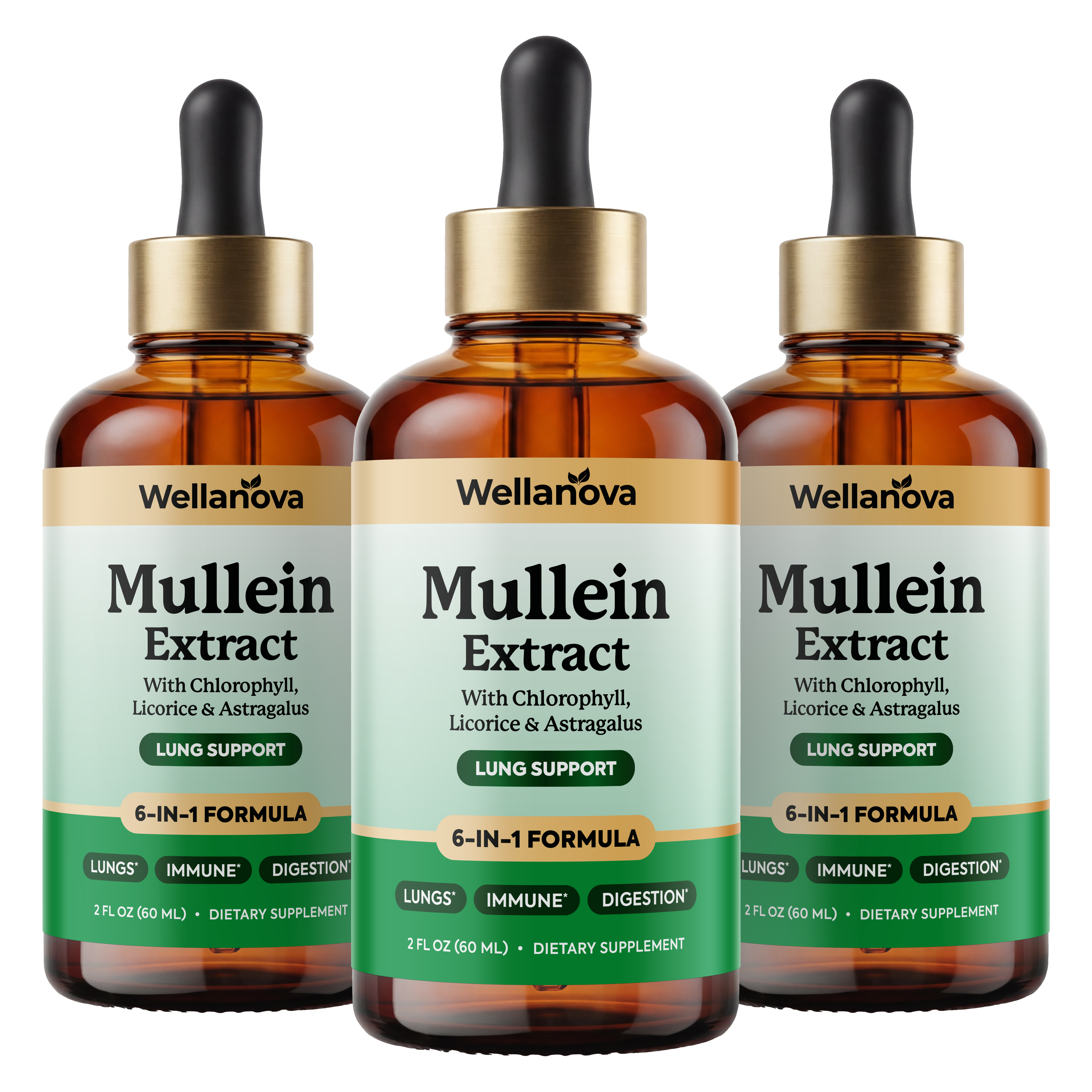 Three bottles of Wellanova Mullein Extract, a lung support dietary supplement, on a white background.