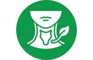 A white icon of a human throat with a leaf inside a green circle.