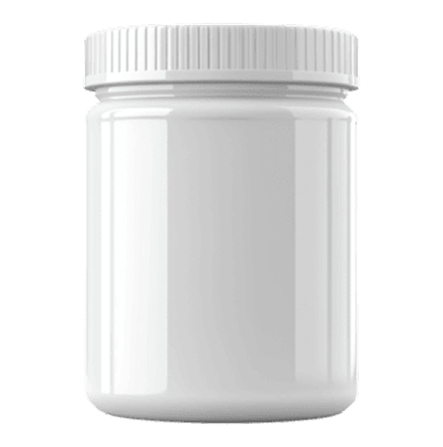 A blank, white plastic jar with a ribbed screw-top lid against a white background.