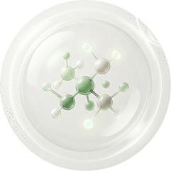 A stylized green and white molecule structure enclosed within a glossy, transparent sphere.