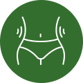 A white line icon of a person's waist and hips within a green circle.