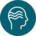 A white outline of a human head profile with wavy lines inside, set within a dark teal circle.