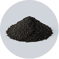 A circular image showing a small pile of dark, rich soil against a light grey background.