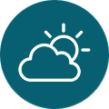 A white line icon of a sun partially obscured by a cloud, set within a dark teal circle.