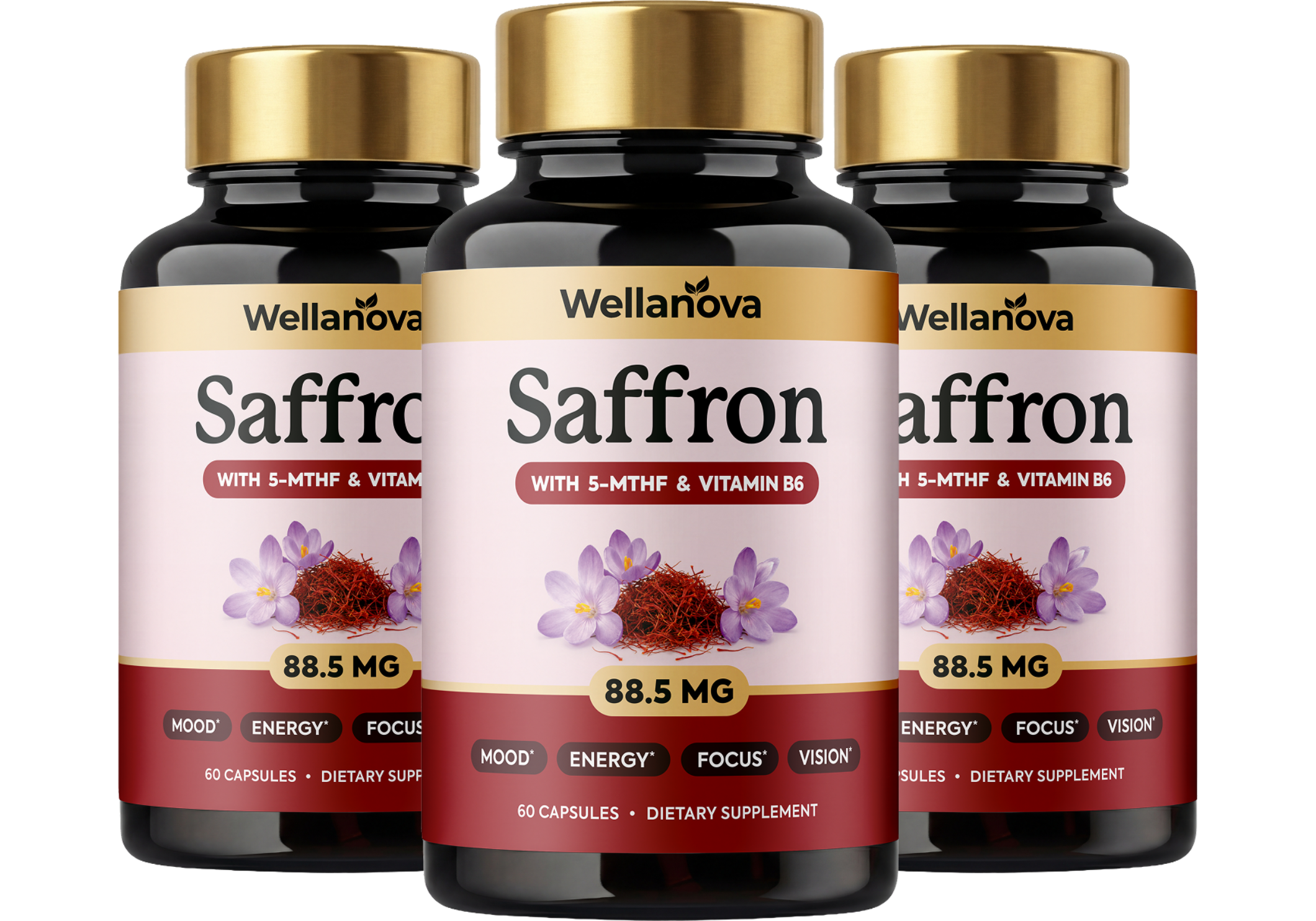 Three bottles of Wellanova Saffron dietary supplement capsules are shown against a white background.