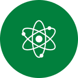 A white icon of an atom with a nucleus and orbiting electrons, inside a green circle.