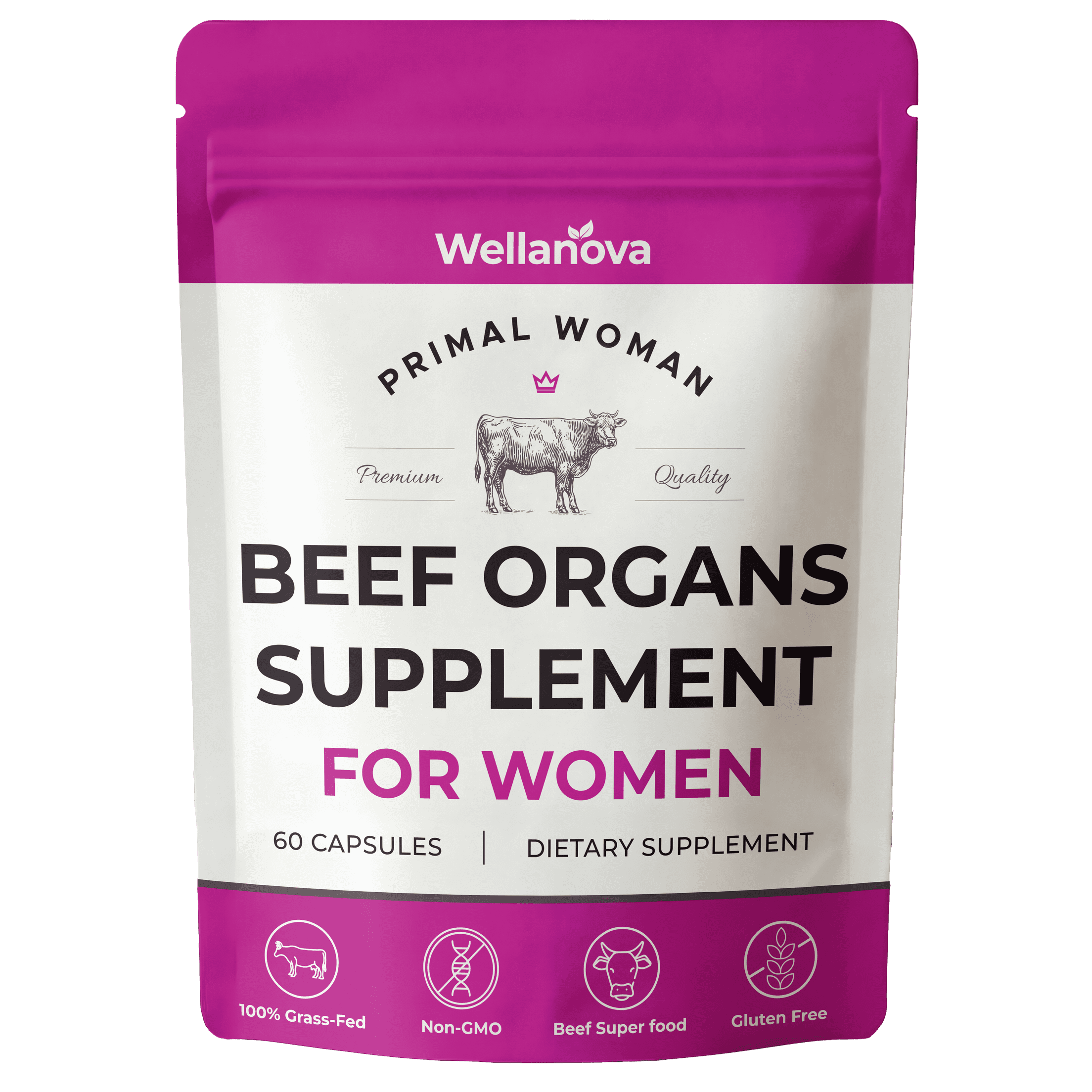 A white and magenta pouch of Wellanova Primal Woman Beef Organs Supplement for Women, 60 capsules.