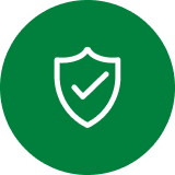 A green circular icon with a white outline of a shield and a checkmark inside it.