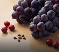 A large bunch of dark purple grapes sits next to several small red berries and grape seeds.