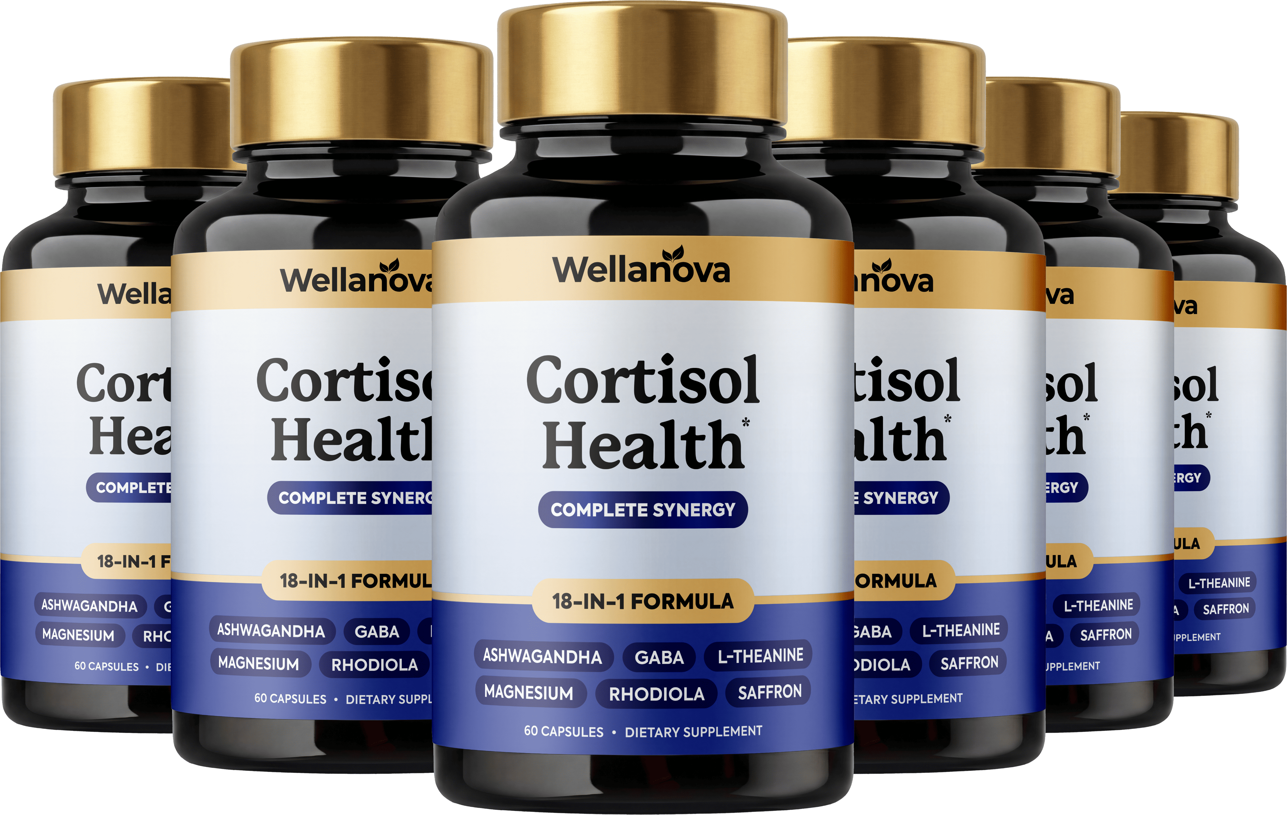 A group of Wellanova Cortisol Health dietary supplement bottles with gold caps against a white background.
