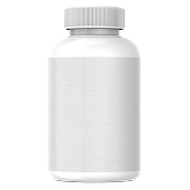 A white plastic bottle with a ribbed screw cap and a blank white label on a white background.