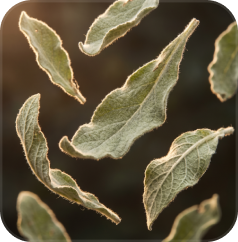 A close-up of several fuzzy, light green leaves appearing to float against a dark background.