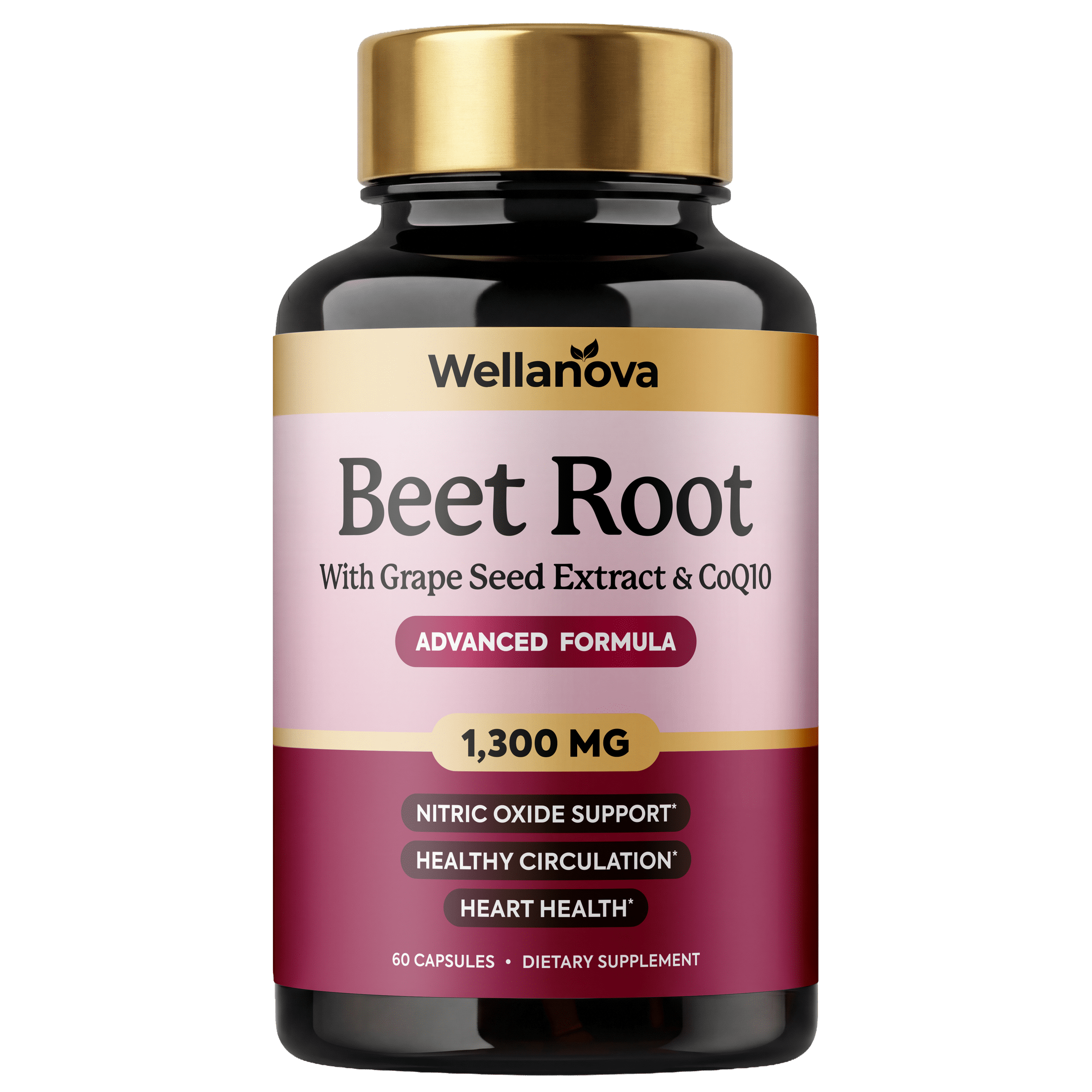 A bottle of Wellanova Beet Root dietary supplement against a white background.