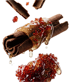 Cinnamon sticks and amber rock sugar crystals are coated in a dripping golden syrup against a white background.