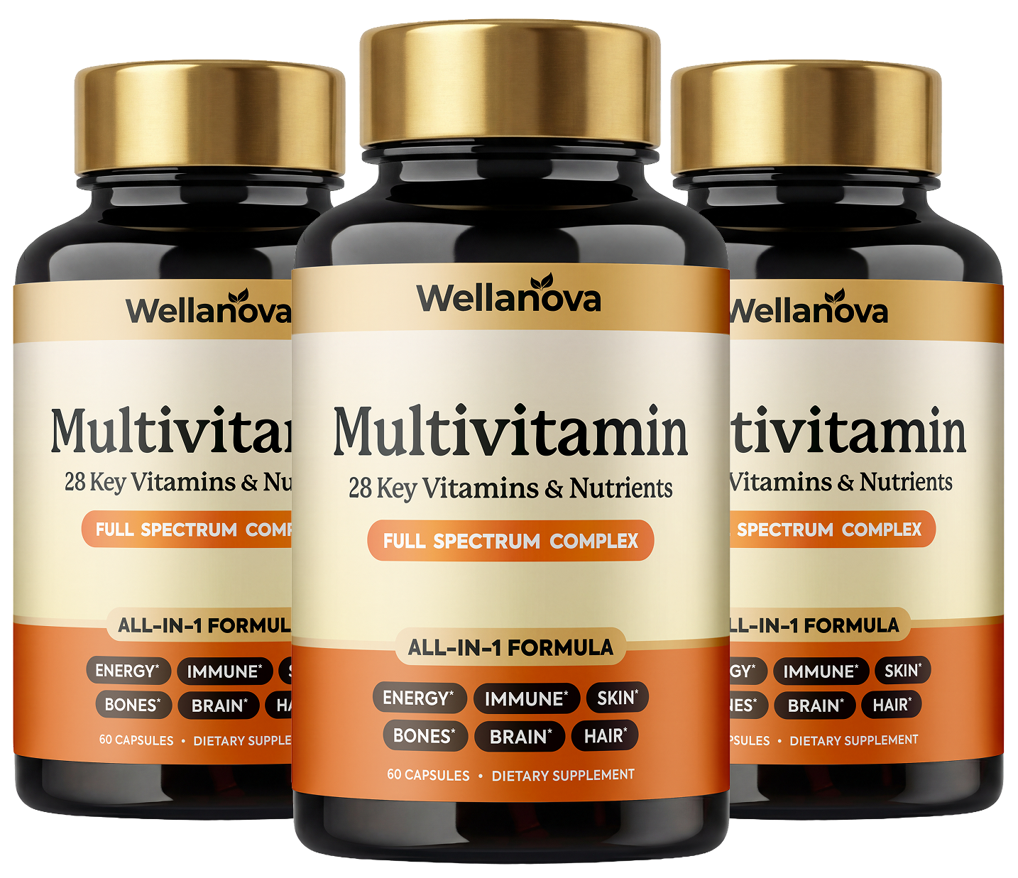 Three bottles of Wellanova Multivitamin dietary supplement with gold caps against a white background.